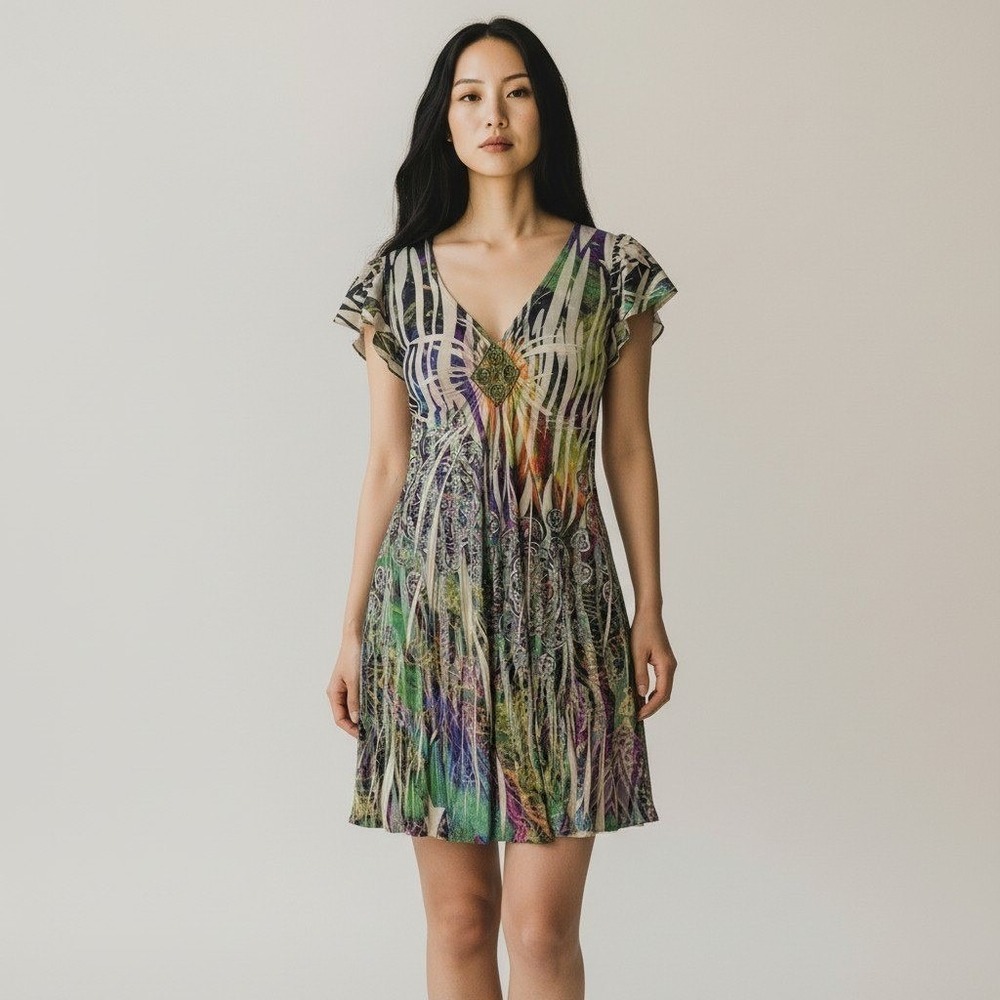 One World Beaded V Neck Flutter Sleeve Fairy Dress Abstract Indie Women's Size S